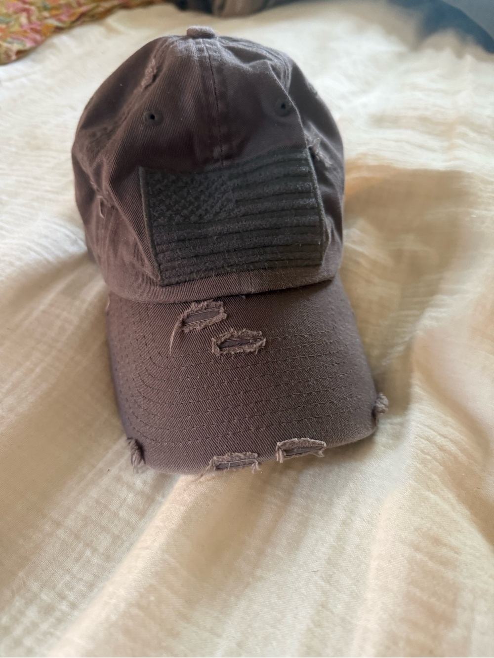 Distressed Women's Baseball Cap with Flag Patch - Charcoal